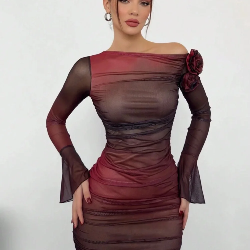 Mesh Off-Shoulder Red Dress - Picture 2 of 2